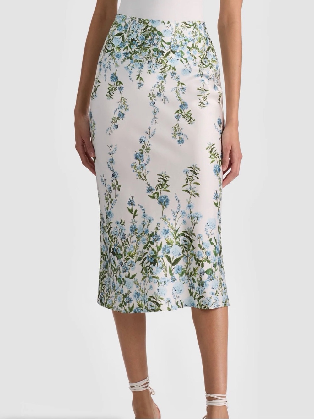 Alice + Olivia White Midi Skirt with Blue and Green Floral Print